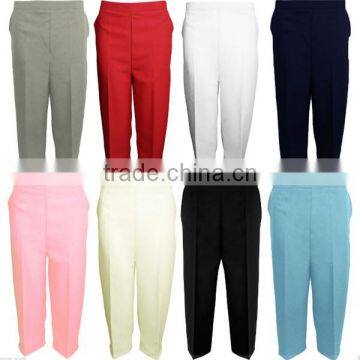 LADIES WOMENS 3/4 LENGTH STRETCH HALF ELASTICATED WAIST CAPRI CROPPED TROUSERS