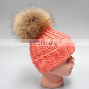 Raccoon fur pompon hat for children high quality fur pom poms hat