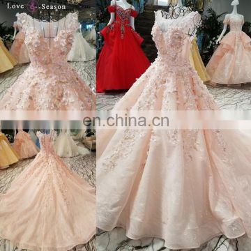 LS00394 sleeveless flower appliques lace up long girls chaozhou pink bridal evening dresses