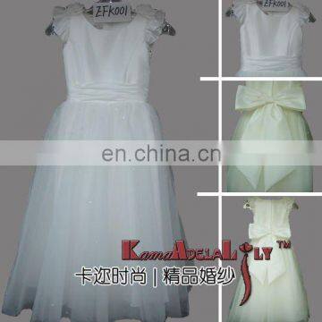 EFK001F Scoop neck cap sleeves wedding dress big bowknot Flowergirl dress