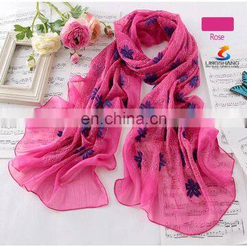 Lingshang New Arrival Silk Scarf Autumn and Winter Women's Scarf Solid Color Embroidery Design Chemical Fiber Long Scarf photo-2