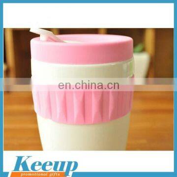 300ml ceramic double wall travel coffee mugs,eco mini ceramic mug with silicon band