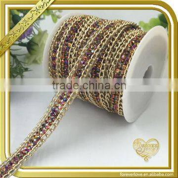 Wholesale iron on glitter crystal bridal trim beaded brass rhinestone chain FHRS-011