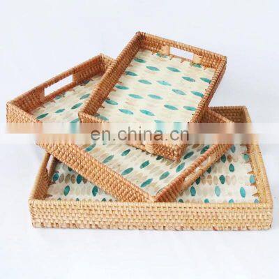 Set of 3 rattan tray With Mother Of Pearl Inlay High Quality Wicker Serving Tray