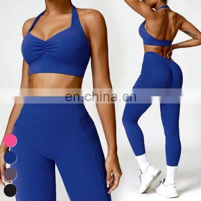 Wholesale Quick Dry Fitness Clothing Custom Women Workout Wear Sports Bra Pocket Leggings 2 Piece Yoga Set Gym Fitness Sets