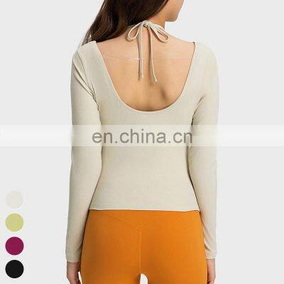 New Ladies T-shirt Running Wear Custom Sports Shirts Gym Fitness Top Women Long Sleeve Ribbed Strappy Halter Yoga T Shirt photo-3