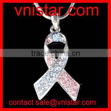 vnistar metal alloy pink and blue crystal medical alert cancer ribbon necklace TC191-1