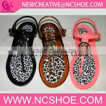 crystal flat ladies t-shape sandals with leopard printing