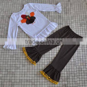Holiday Turkey Appliqued White Ruffle Top Brown Polka Dot Pants Girls Thanksgiving Outfits