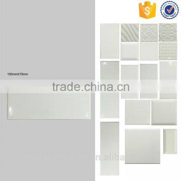 Foshan factory 75x150mm glossy ceramic wall tile, pure white kitchen and bathroom indoor tiles low price