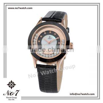 3ATM Water resistant Black Genuine Leather Ceramic rim with Rose gold ion plated Quartz ladies watch
