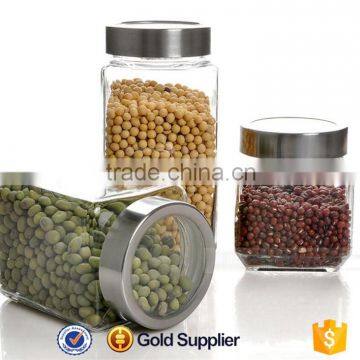 2016 high quality square glass storage jar with metal lid