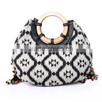 Ethnic Style Wood Bead Strap Multi-color Stripes Cloth Tote Shoulder Bag Handbag Quality Choice photo-3