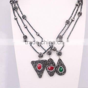 Pave Crystal Beads Hematite Beaded Necklace, Mixed Design Gem stone Pendant Necklace, Charm Jewelry