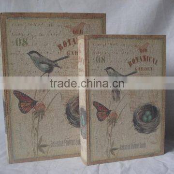 Antique Wooden Book Box With Linen Printing Covered photo-3