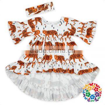 Front Short Back Long Ruffle Hem Half Sleeve Tiger Printed Fabrics Baby Girls Ruffle Tops