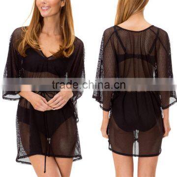 Sexy Summer Crochet Lightweight Mesh Layer Swimsuit Beach Cover Up Black Dolman Sleeve Blouse For Beachwear