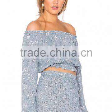 Printing Design Long Sleeve off Shoulder Crop Tops Chiffon Skirts and Blouses photo-4