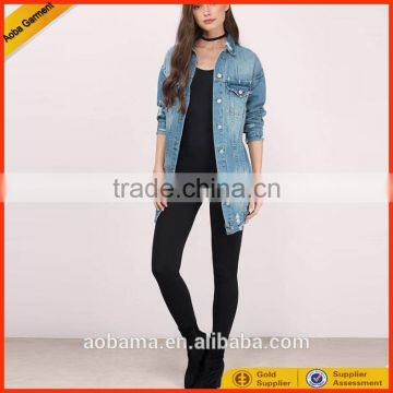 winter hot sale long medium wash denim jacket