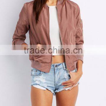 2017 MGOO Custom Logo Zip-Up Bomber Jacket Zippered Sleeve Lightweight Pink Poly Shell Twill Forms photo-5