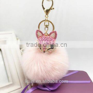 Fahsion Fox Head Faux Fur Keychain HandBag Rhinestone Pendant Charm Soft Car Key Ring 4 Colors Fmq-11 photo-2