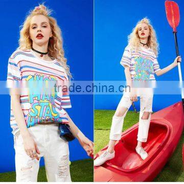 Womens Short Sleeve Stripe Front Printing T-shirt With Custom Logo