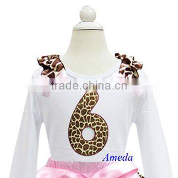 Girls Brown Pink Giraffe 6th Birthday White Long Sleeves Tee 1-7Y photo-1