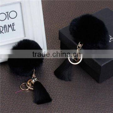 Custom Gold Plated Black Angora Pom Pom Ball Rayon Tassel Custom Keychain photo-3
