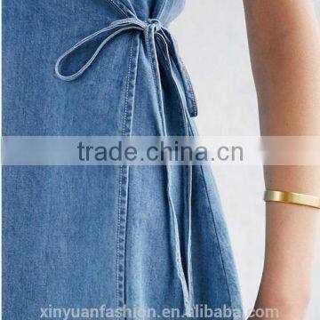 Apparel Denim Sexy Blue Plunge Neck Dress Spaghetti Strap Sashes Wrap Dresses Backless Sleeveless Street A-line Dress photo-6