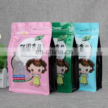 Custom coloreful printing food packaging bag flat bottom bag with clear pvc window and zipper