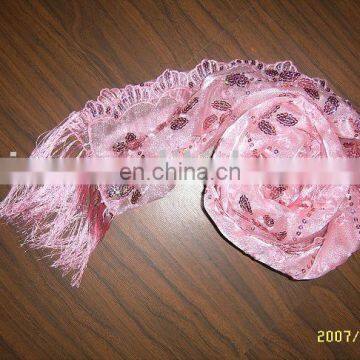 Ladies' polyester fashion long scarf with lace and fringe