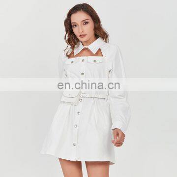 TWOTWINSTYLE Women Summer Dress Lapel Long Sleeve High Waist With Bag Lace Up Hollow Out Designer Mini photo-3