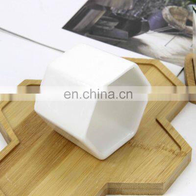 Decorative White Hexagonal Ceramic Succulent Cactus Flower Pot With Wooden Tray Ceramic Flower Planter photo-5