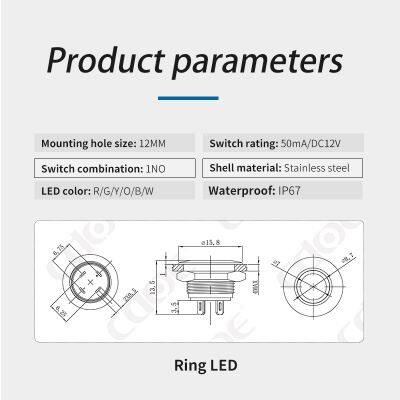 Ip67 12mm Flat Head Ring Illuminated Light 12v Spst Mini Push Switch Self Recovery photo-3