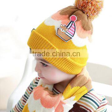 Fashion Brand New Sailing Boat Applique Knitted Pom Pom Children Wool Hat and Scarf