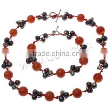 Agate Jewelry Sets, Freshwater Pearl, sweater chain necklace & bracelet, with Nylon Cord & Red Agate & Crystal, brass toggle cla