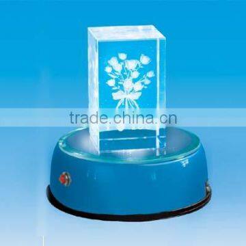 3D laser engraved crystal cube with multicolor round rotating led light base/rotating display led light stand