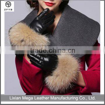 Wholesale Women Fashion Dress Winter Leather Hand Glove With Raccoon Fur