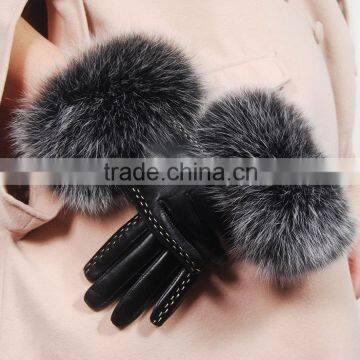 UK Style Women classic elegant raccoon fur cuff sheep leather gloves