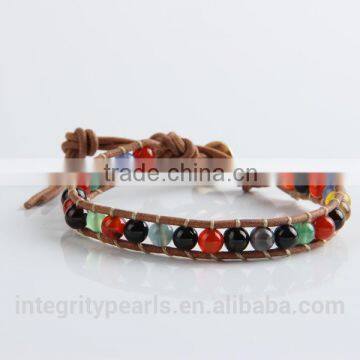 6mm Natural Mixed Color Agate Leather Bracelet Custom Made, Leather Braided Bracelet, New Style Bracelet photo-3