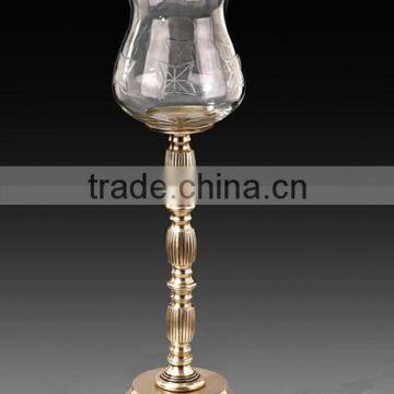 Antique Brass Candle Stick Holder, Hand Engraved Brass Mounted Crackle Glass Candle Holder For Tableware