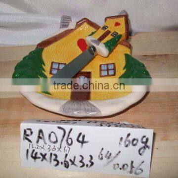 hand made house shape ceramic cake plate & butter knife for decoration