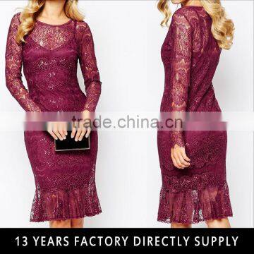 Rose Elegant fish cut boycon dress 2016 long sleece keen-length lace dress with lining