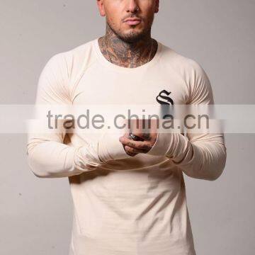 Sand 100% Cotton Base Layer Men's Curved Hem Longline T Shirt Raglan Long Sleeve T Shirt with Thumb hole