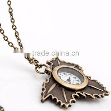 Retro Design Maple Leaf Open Faced Pocket Watch Pendant Necklace