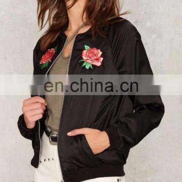 2017 Custom Wholesale Rose Embroidered Satin Bomber Jacket Women photo-3