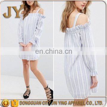 Blue and White Stripe Woven Dress Square Neck Cold-shoulder Design with Stretch Frill Trims Wholesale Items