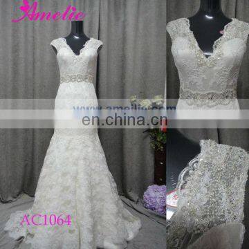 Real Sample Cap Sleeve Mermaid New Fashion Lace Applique Wedding Dress 2013