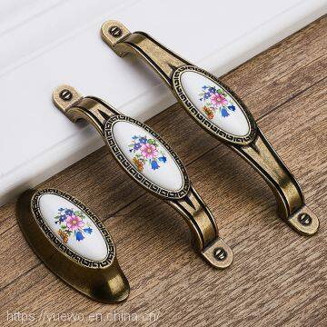 European-style Antique Copper Ceramic Handle Garden Horn Flower Wardrobe Door Drawer Drawer Cabinet Handle photo-4