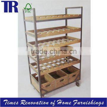 wine rack ,solid wood wine rack with 5 wine shelves and 3 boxes,wine rack in wheel with brake